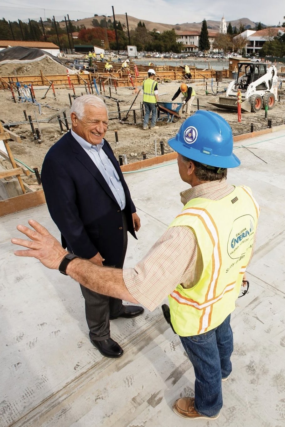 Bernie Orsi and construction worker at Saint Mary's College of California